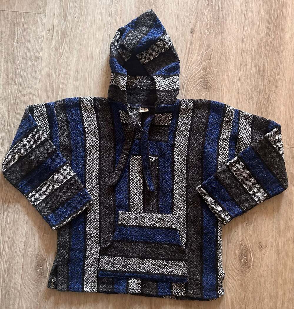 Artesanias F.R. Inc. Mexican Baja Jerga Pullover Hoodie Blue Striped